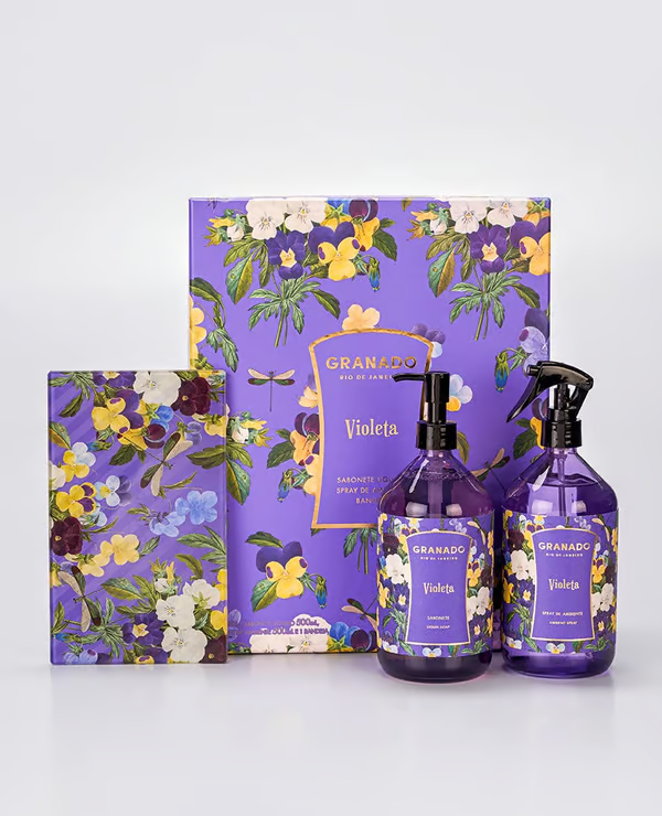 KIT SPRAY DE AMBIENTE & SABONETE LÍQUIDO + PORTA-OBJETOS VIOLETA