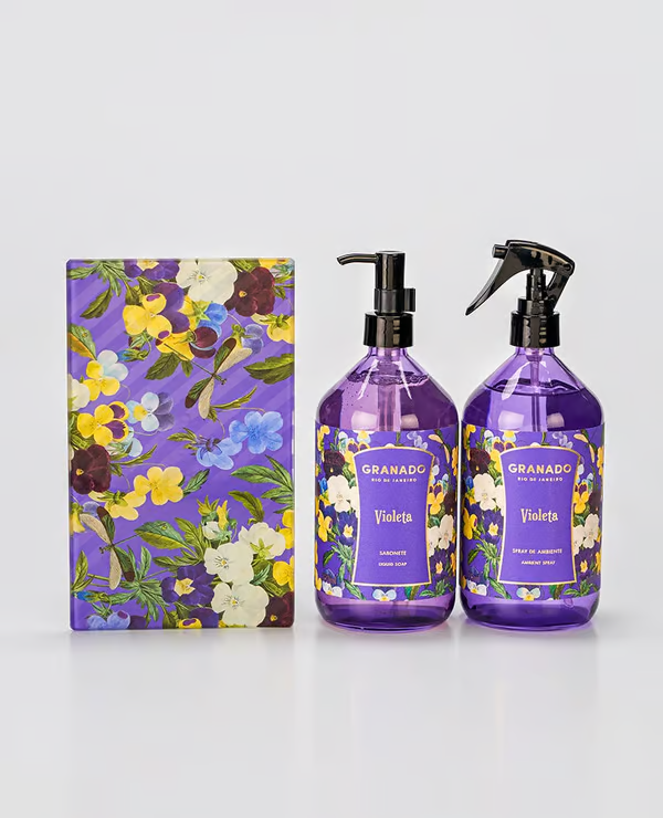 KIT SPRAY DE AMBIENTE & SABONETE LÍQUIDO + PORTA-OBJETOS VIOLETA